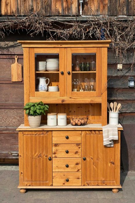 Drewniany kredens sosnowy120×35×185 cm–szlifowane szkło, naturalny !