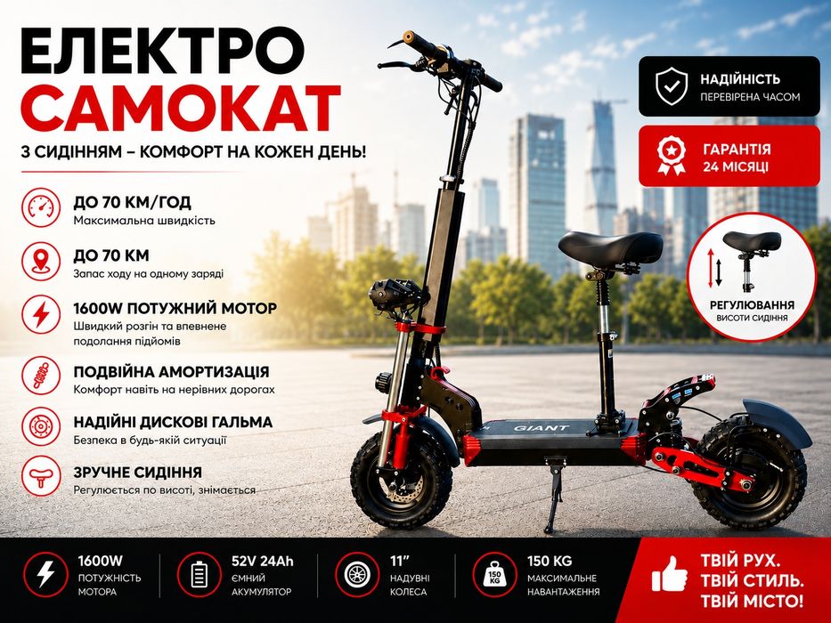 ꧁СУПЕР ХІТ‼️Електросамокат GIANT Outlander М11 дюймів 1600W, 52V,26Ah