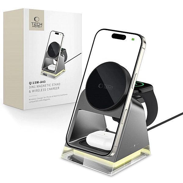 Tech-Protect Qi15W-A43/3In1 Magnetic Magsafe Wireless Charger Black