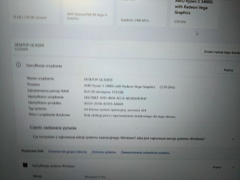 Komputer PC stacjonarny AMD Radeon ryzen 5 16 GB ram