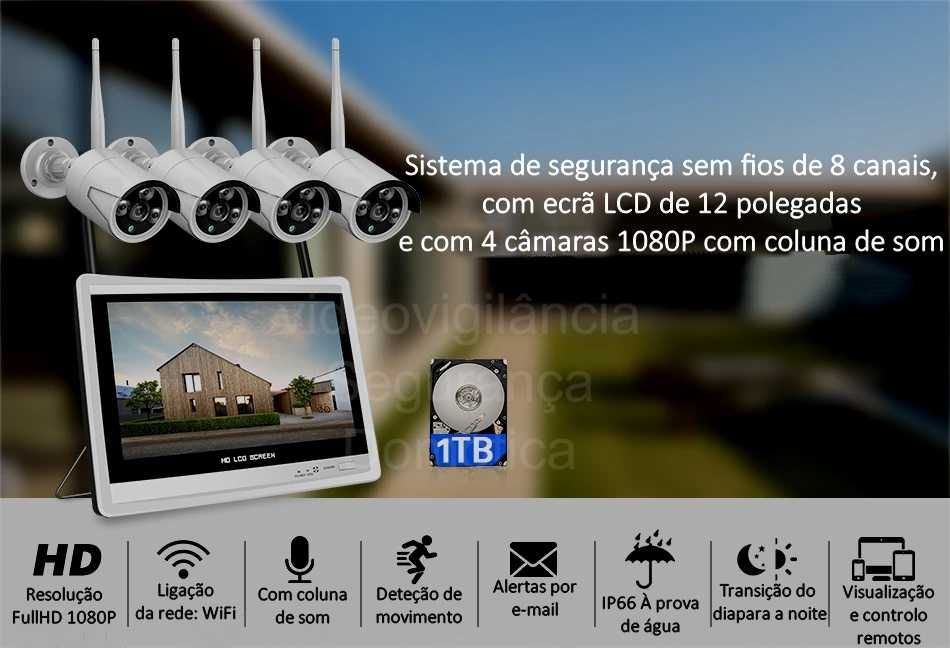 Conjunto 8 Canais ‼️ 4 Câmaras + Ecrã LCD ‼️ WiFi ‼️ Deteção Movimento