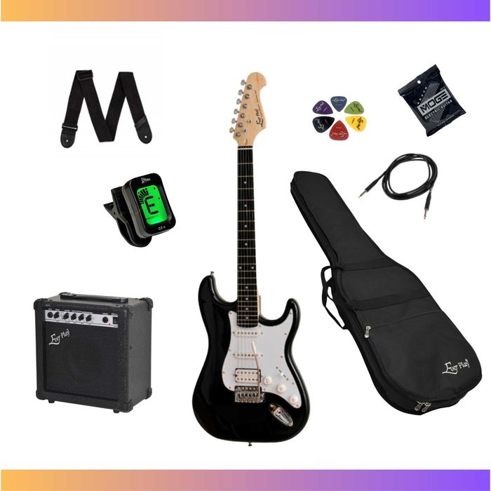 Gitara elektryczna Ever Play Stratocaster czarna MEGA zestaw XXL