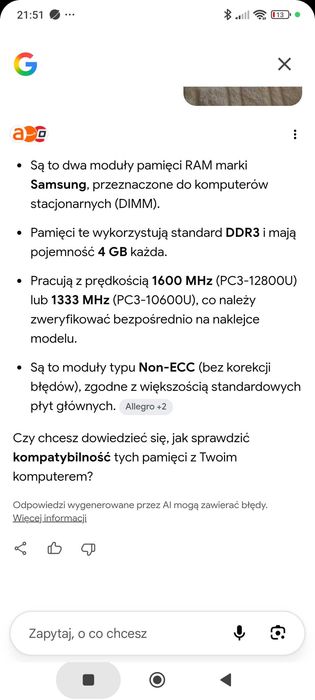Pamięć RAM DDR3 Samsung 8GB ( 2*4 GB) 1600Mhz