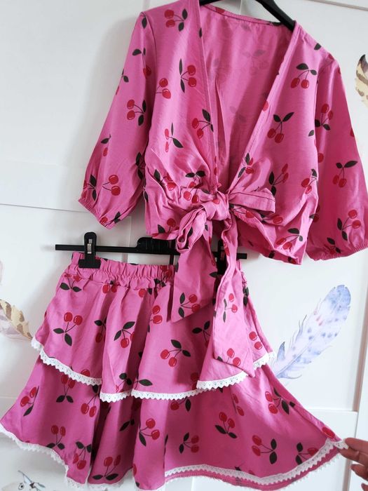 Spódnica falbanki + bluzka wiązana wisieńki wiskoza