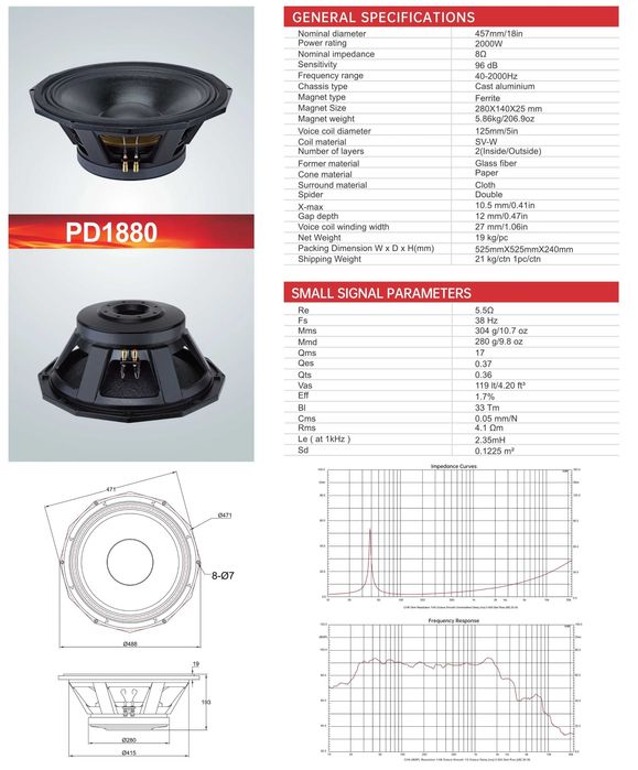 estradowy PD 1880 głośnik basowy 18' nowy bas subwoofer,