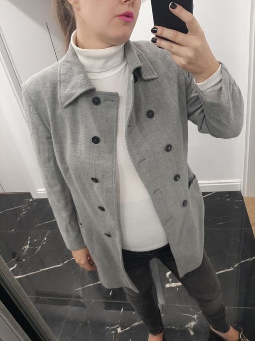 Marynarka płaszcz dwurzędowy wełna wool vintage grey modny elegancki l