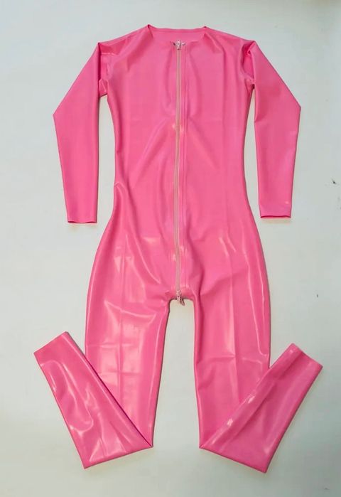 927/ OD RĘKI damski S różowy catsuit kombinezon CHLOROWANY lateks 0,4