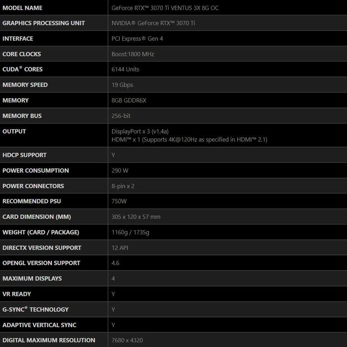 MSI RTX 3070Ti Ventus 3X 8GB OC