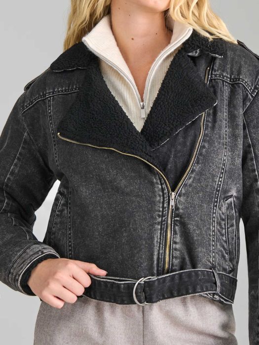 Ramoneska sherpa M/L grafitowy denim Sinsay kurtka biker wszyty kożuch