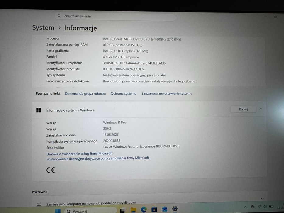 Lenovo ThinkPad E15 i5-10210U 16GB RAM SSD 256GB Windows 11 Pro