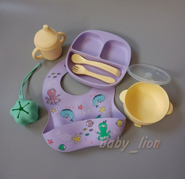 Глубокая силиконовая тарелка с крышкой и ложкой