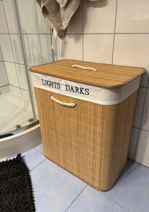 Duży Kosz Bambusowy na Pranie 100L Organizer Dwukomorowy Loft