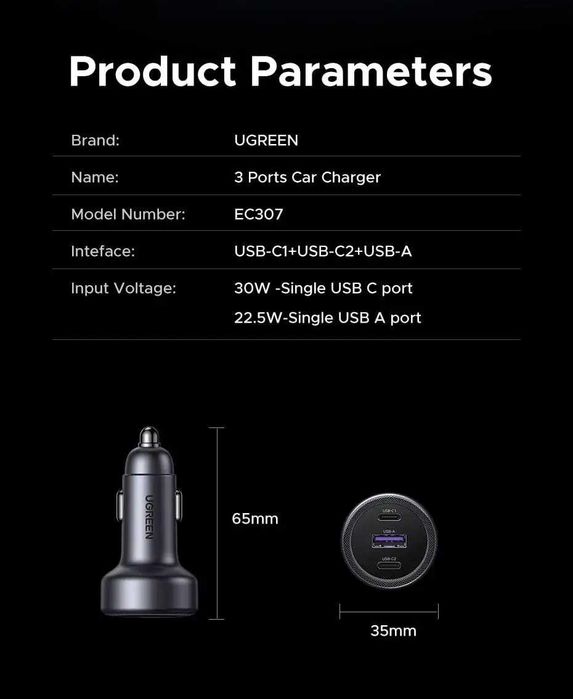 Автомобільний зарядний пристрій UGREEN PD30W модель EC307 45843