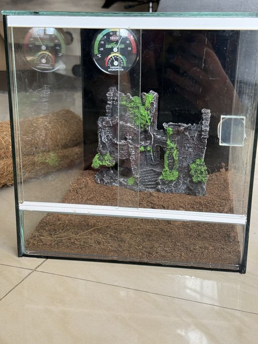 Скляний тераріум для рептилії, гігрометр, печера