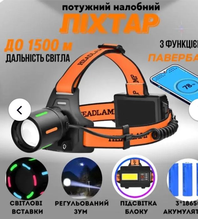 Потужний однорежимний ліхтар налобний BL-T203-TG, 2x18650