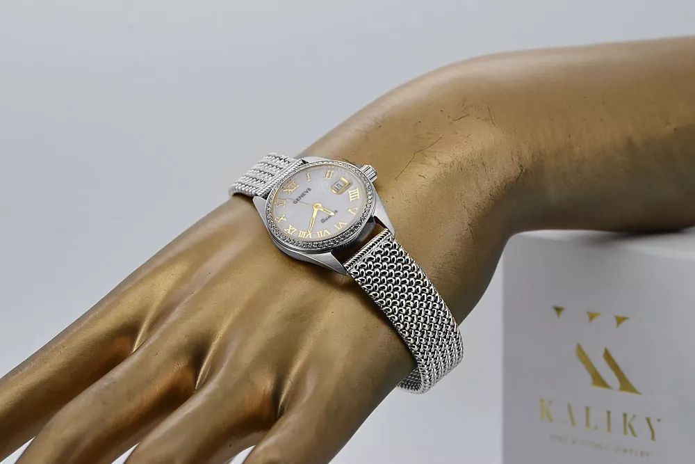 Zegarek damski z białego złota 14k 585 Geneve lw078wdpr&lbw003w-Perłow