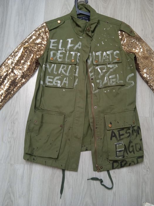 Kurtka damska letnia khaki cekiny print biały piękna
