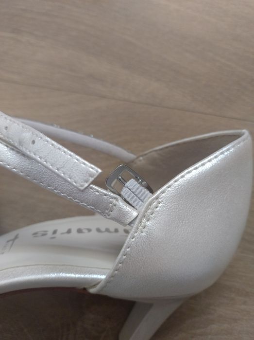 Buty ślubne r. 38 białe perłowe, Tamaris stabilna szpilka