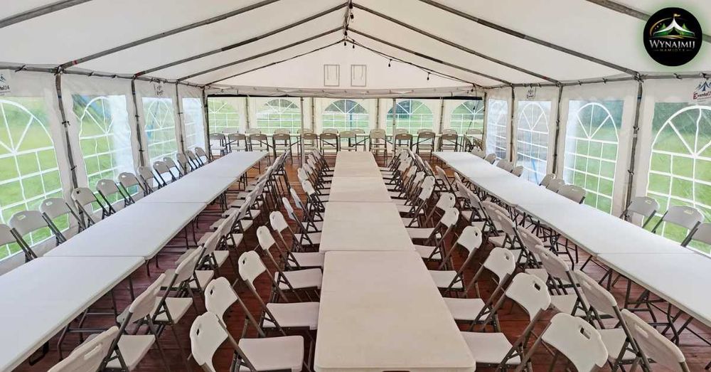 Wynajem namiotów 4x8, 5x10 lub 15x10 + podłoga drewniana, oświetlenie, stoły ławki lub krzesła, montaż i demontaż oraz dojazd i pełna obsługa!