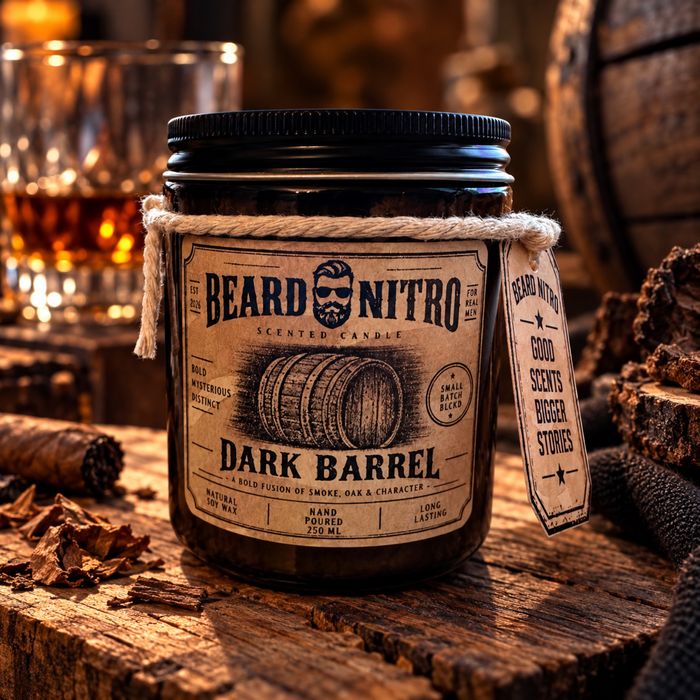 Świeca Sojowa zapachowa BEARD NITRO DARK BARREL 250 ml – Męski Zapach Whiskey & Cigar