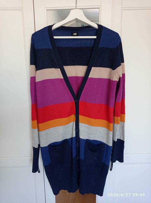 Długi cienki kardigan w kolorowe paski 70s retro vintage everyday colorful striped cardigan H&M M