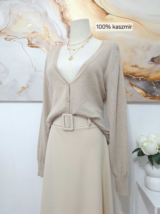 Damski Sweter Kardigan Kremowy Jasny Beżowy Kaszmirowy Yorn S