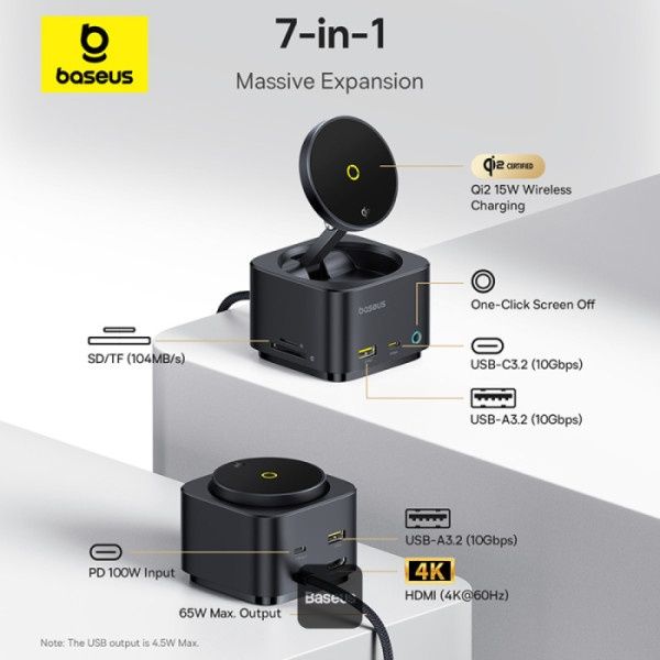 Baseus MagPro Series II 7-in-1 USB-C Hub + Qi2 15W бездротова зарядка