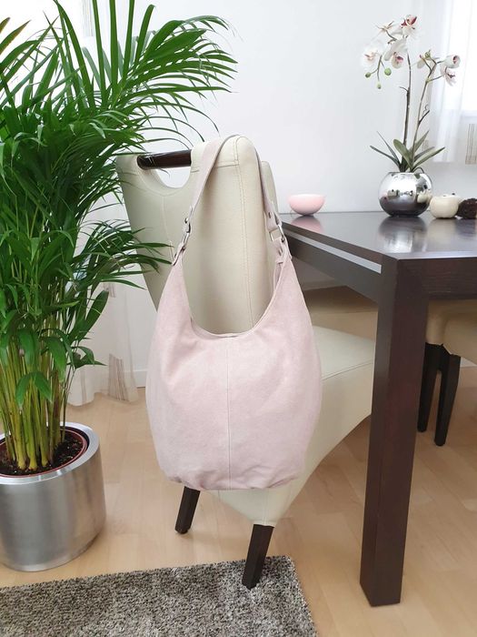 VERA PELLE torebka skórzana zamszowa worek na ramię V058 j.różowa