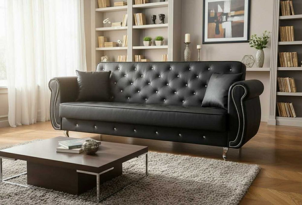 Sofa do salonu rozkładana w Eko Skórze, Kanapa Glamour do pokoju,Łóżko z pojemnikiem w Kwiaty, Wersalka Chesterfield