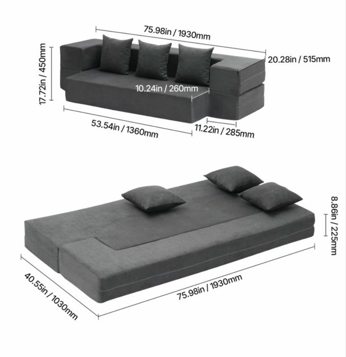 Sofá Cama Dobrável Convertível 3 Em 1 Succebuy Com 3 Almofadas Em Cinzento Escuro