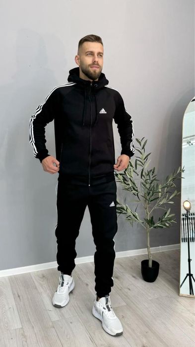 Чоловічий зимовий спортивний костюм Adidas чорний з капюшоном на блискавці Комплект Адідас на флісі (B)