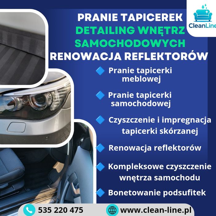 Pranie tapicerek | Detailing wnętrz sam. | Renowacja reflektorów