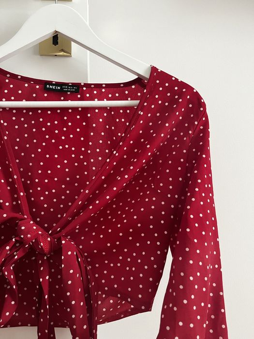 Bordowa bluzka węzeł kropki Boho shein XS