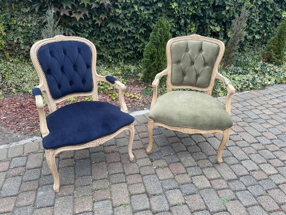 Fotel ludwikowski dąb drewno granat zieleń ława Ludwik XV renowacja