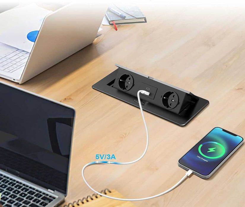 Gniazdko Stołowe do Zabudowy 2 Gniazda Wtykowe USB Brak Mocowań