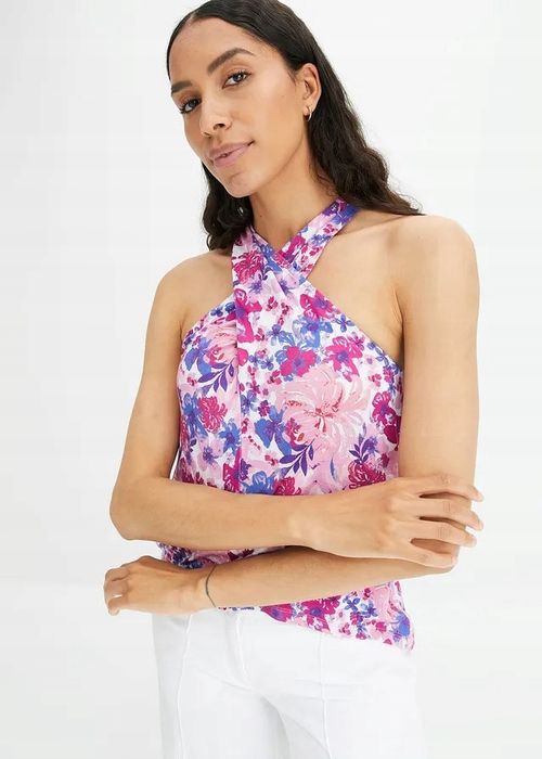 B.P.C top z dekoltem halter w drobne kwiatuszki 48/50.