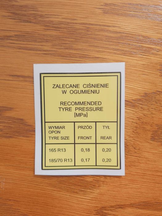 FSO polonez naklejka ciśnienie w oponach, żółta