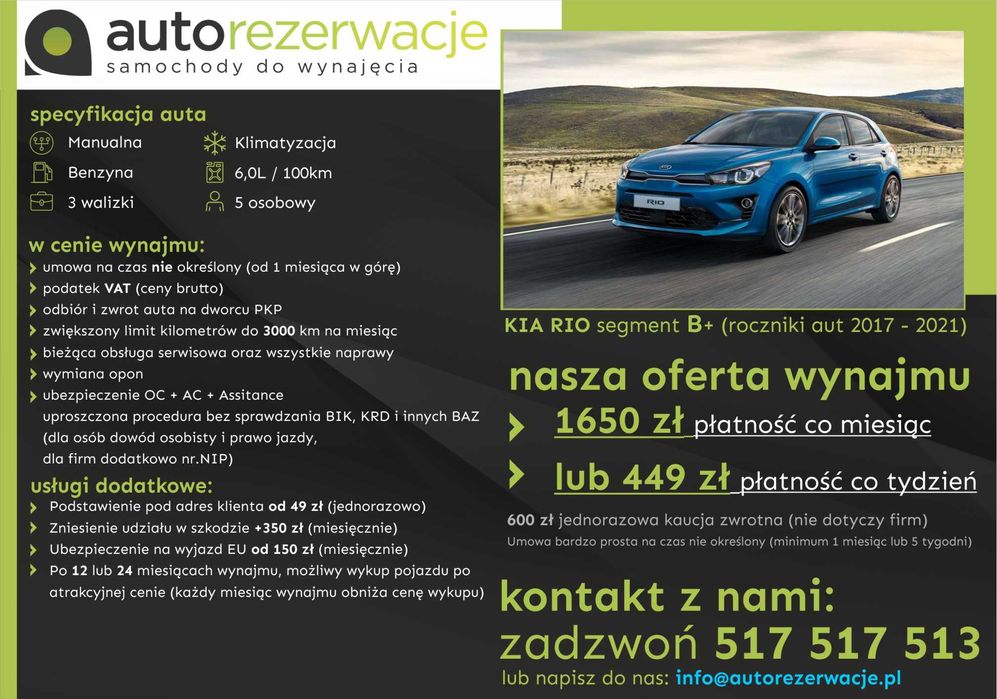 Wynajem wypożyczenie samochodów/aut za 1299 za 30 dni lub 335 co 7 dni