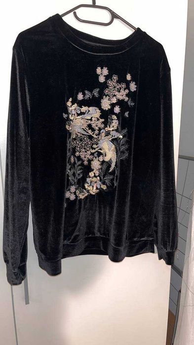 River Island czarna welurowa bluza z haftem kwiatów haft orientalny L