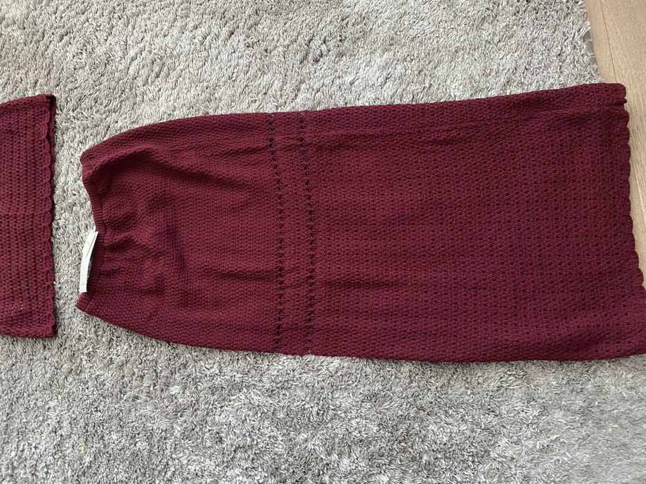 Dzianinowy ażurowy komplet top bluzka + spódnica S Reserved bordo