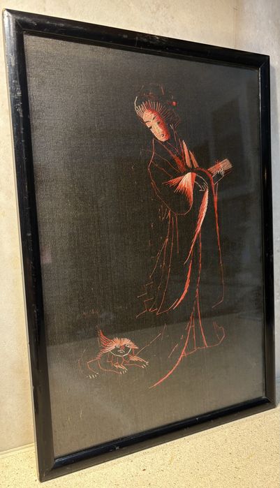 Beautiful antique Japanese embroidered silk picture featuring a Geisha motif, 19th century