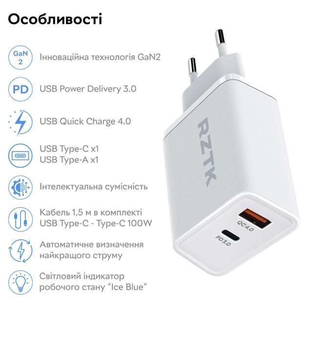 Зарядне RZTK 65 W (кабель USB-C 100W), стан нового
