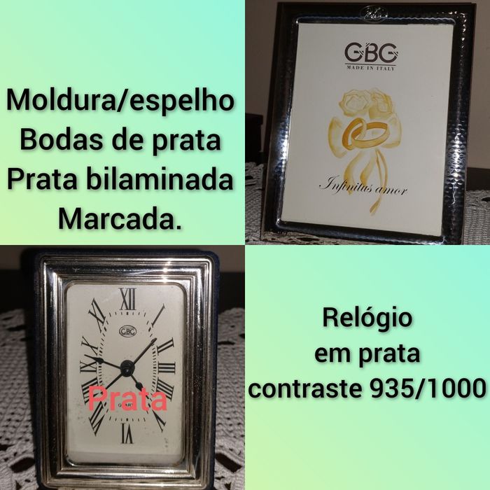 Moldura/espelho Bodas de Prata e Relógio em prata.