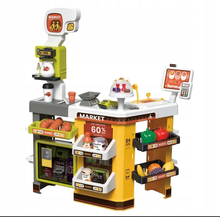 Zestaw 65 el. Supermarket dla dzieci wózek zakupy owoce warzywa kasa