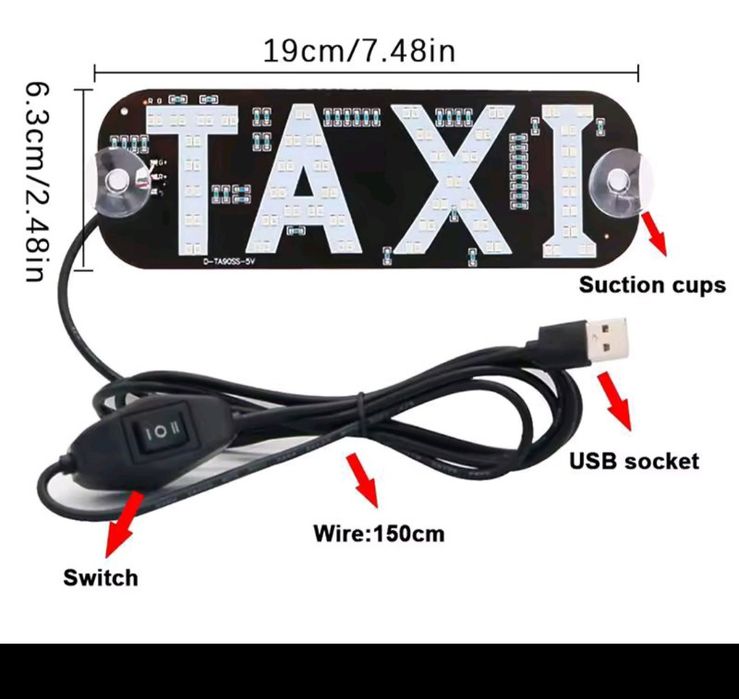 Taxi LED табличка на стекло двухцветные шашка такси USB на лобовое