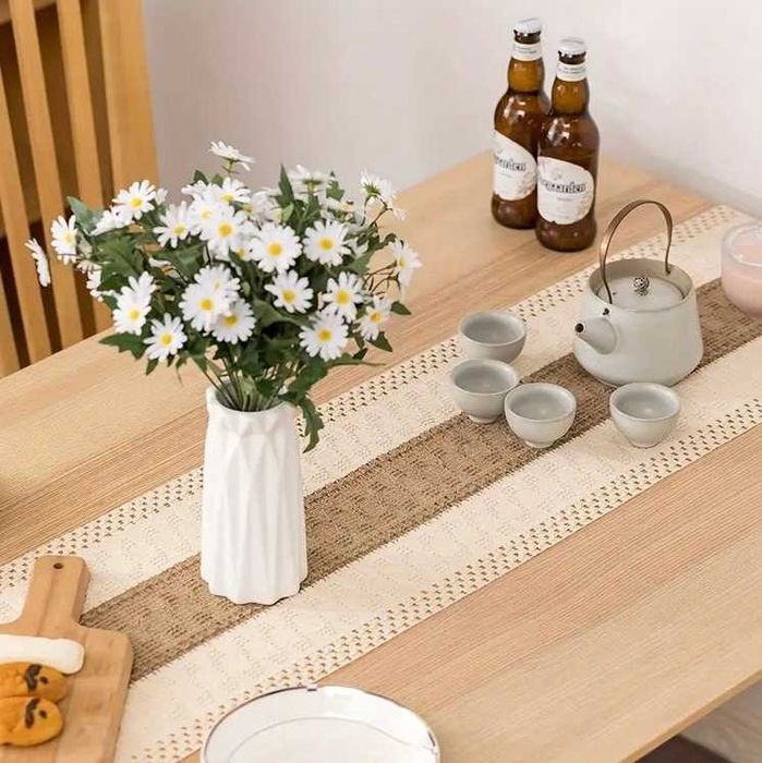 Bieżnik boho, 180x30, obrus w paski z frędzlami – bawełna i len