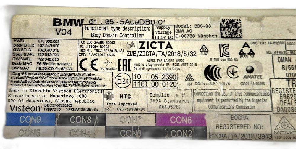 Moduł sterownik nadwozia BMW BDC Body Domain Controller 61355A09DB0-01 NOWE