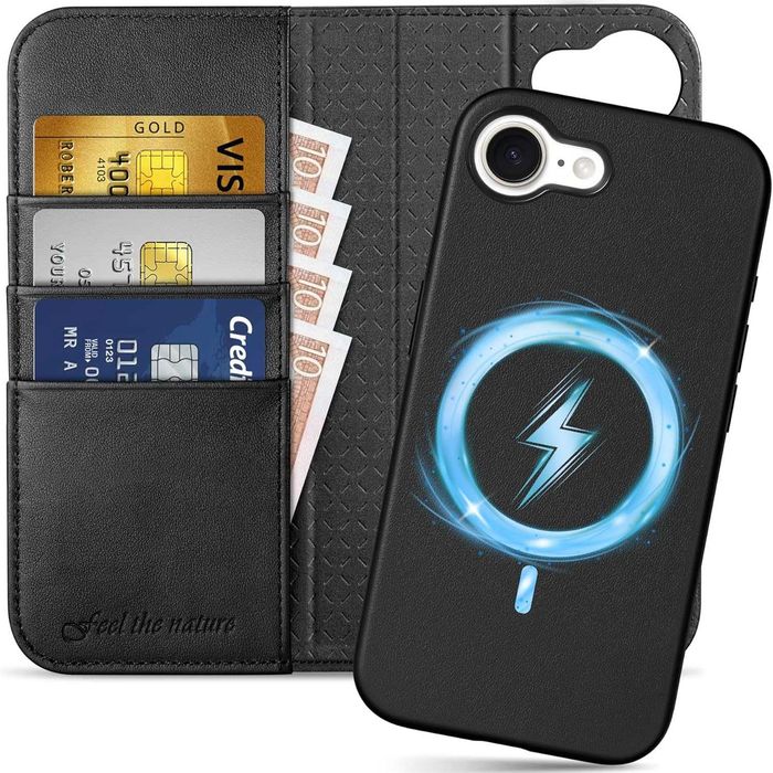 Shieldon naturalne etui skórzane iPhone 16e portfel klapką czarne 2w1