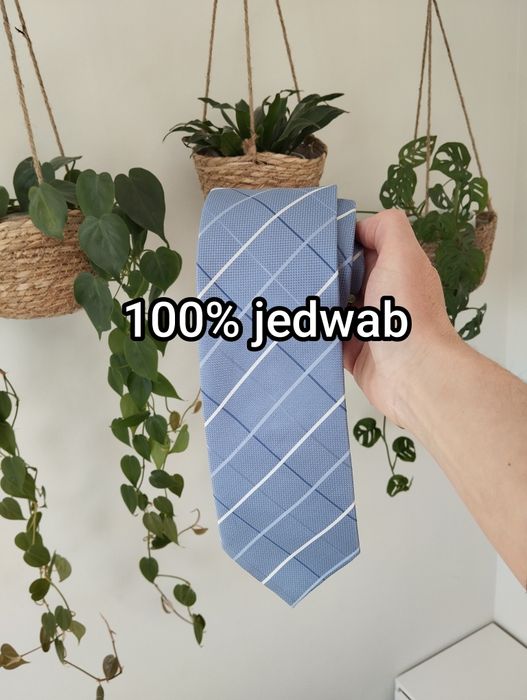Męski jedwabny krawat 100% silk, w kratkę, błękitny, niebieski, baby b