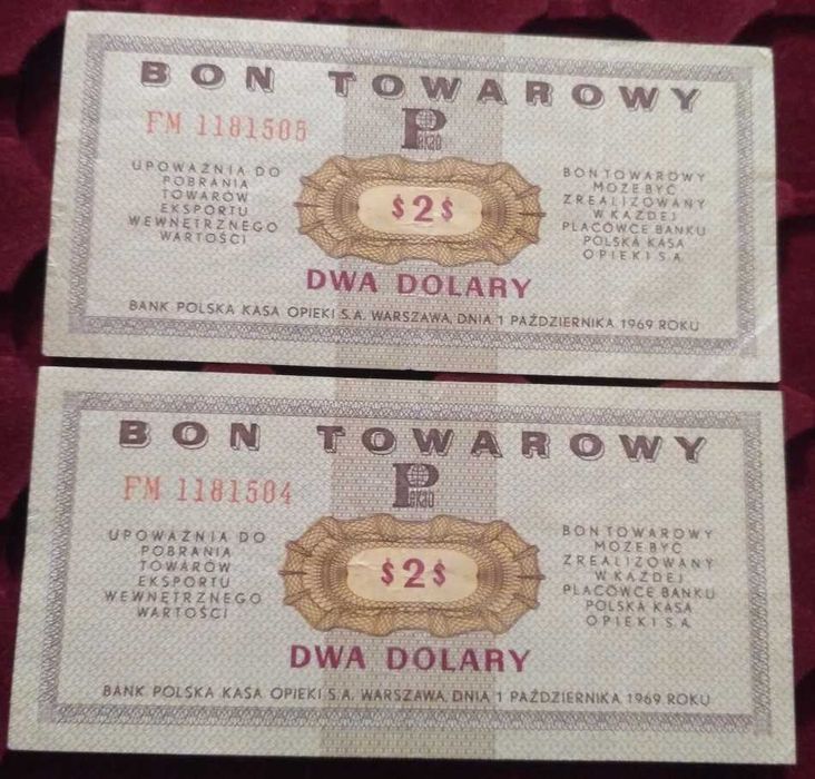 Bon towarowy 2$ 1969 Seria FM Super stan unikat PRL 2 dolary